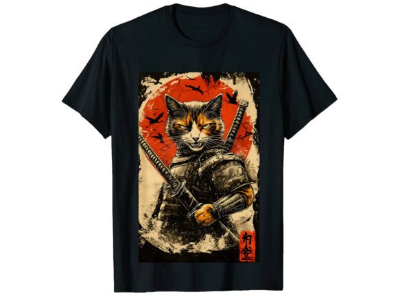 Unleashing the Spirit: The Fierce Cat Japanese Samurai T-Shirt